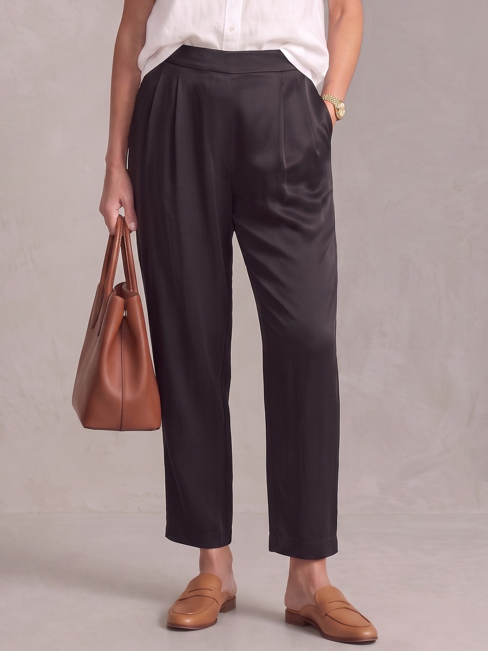 Lauren Ralph Lauren Black Satin Pleated Trousers